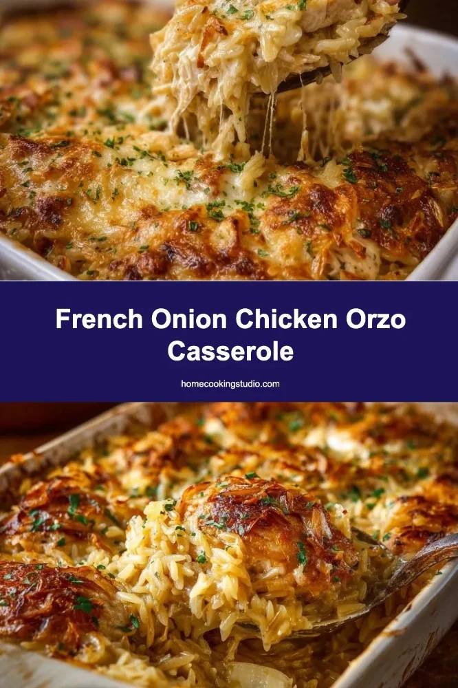 Baked French Onion Chicken Orzo Casserole topped with melted cheese and herbs