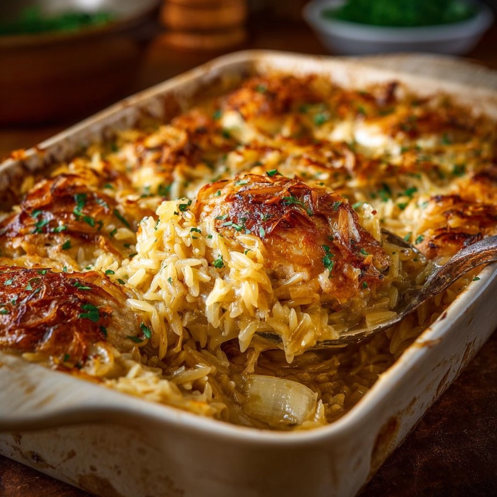 French Onion Chicken Orzo Casserole