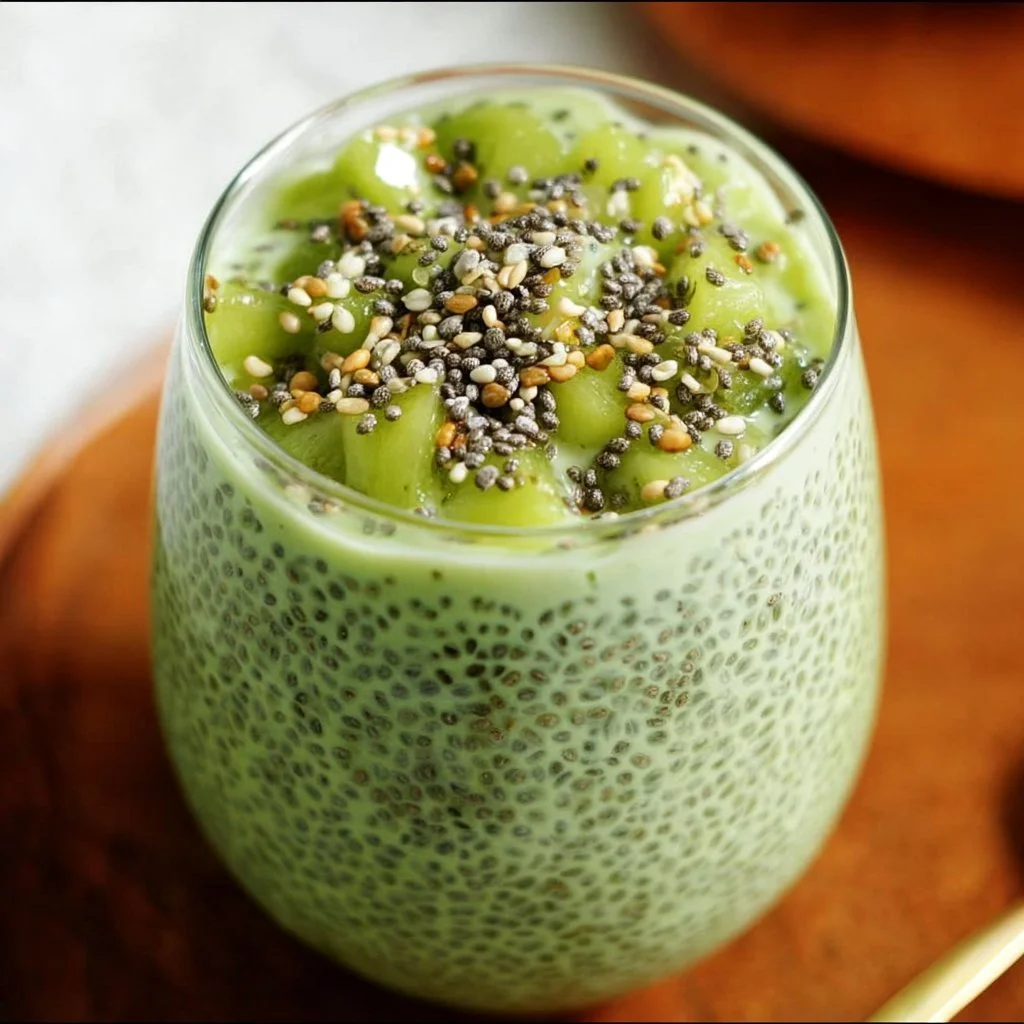 Creamy matcha chia pudding in a bowl with fresh toppings
