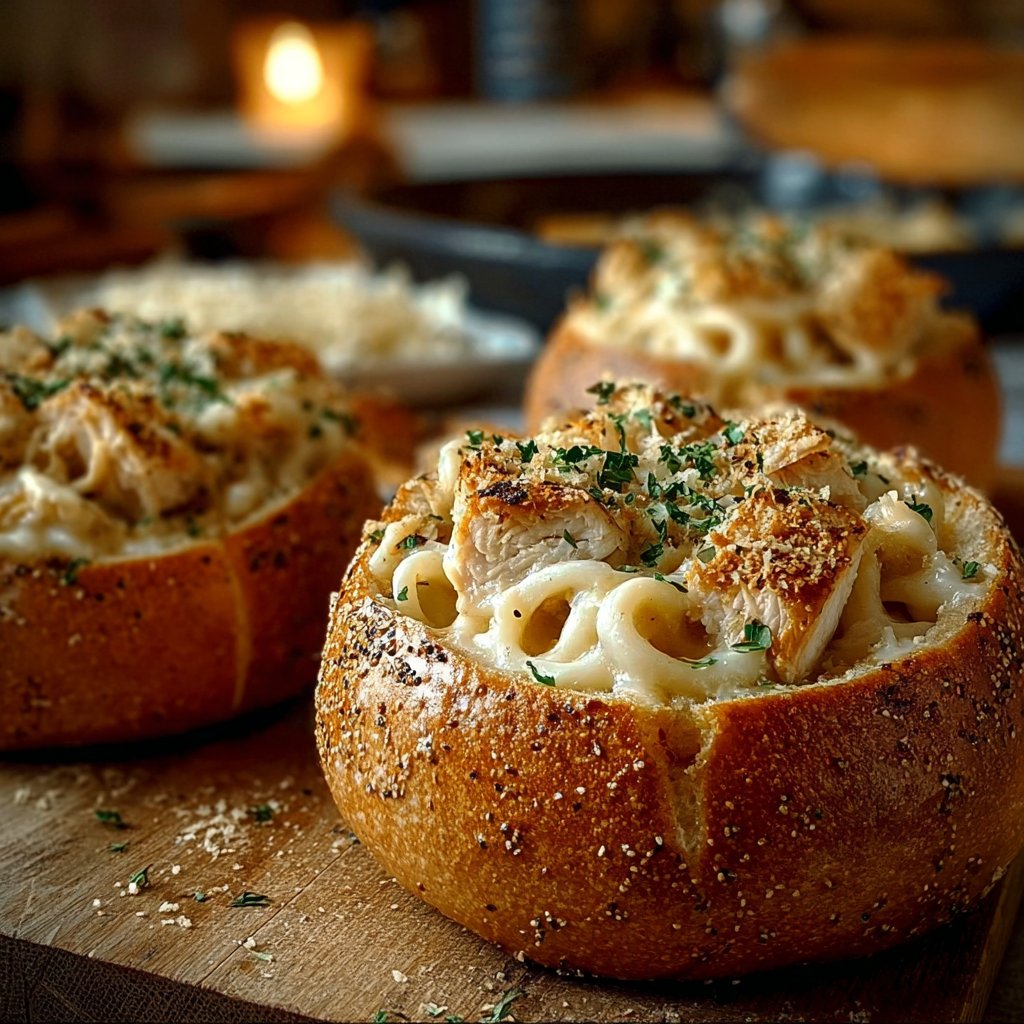 Chicken Alfredo Garlic Bread Bowls
