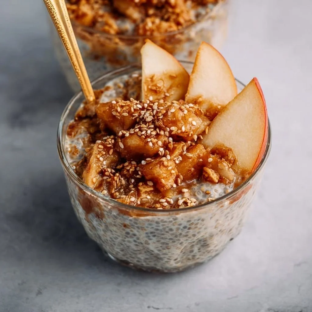 Delicious Apple Crumble Chia Pudding topped with fresh apples and spices