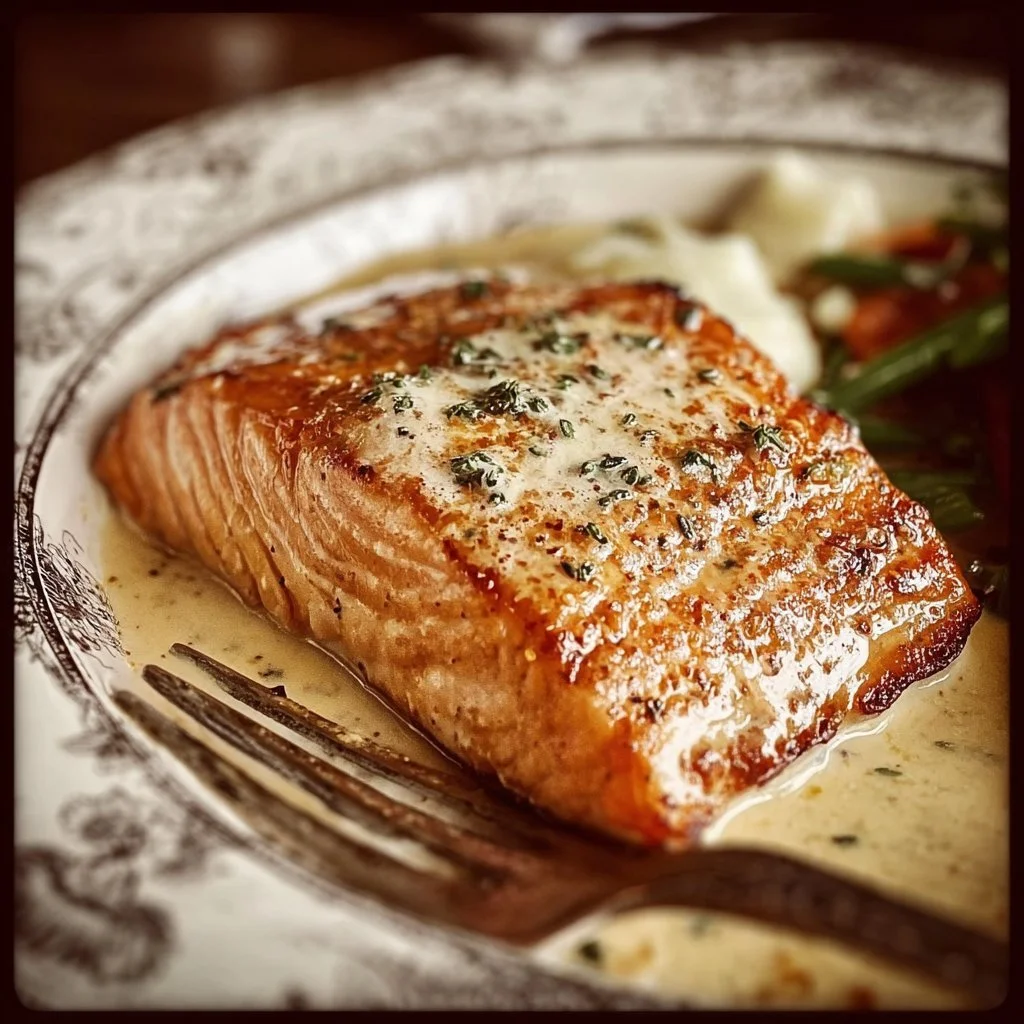 Baked Boursin Salmon topped with creamy cheese and herbs