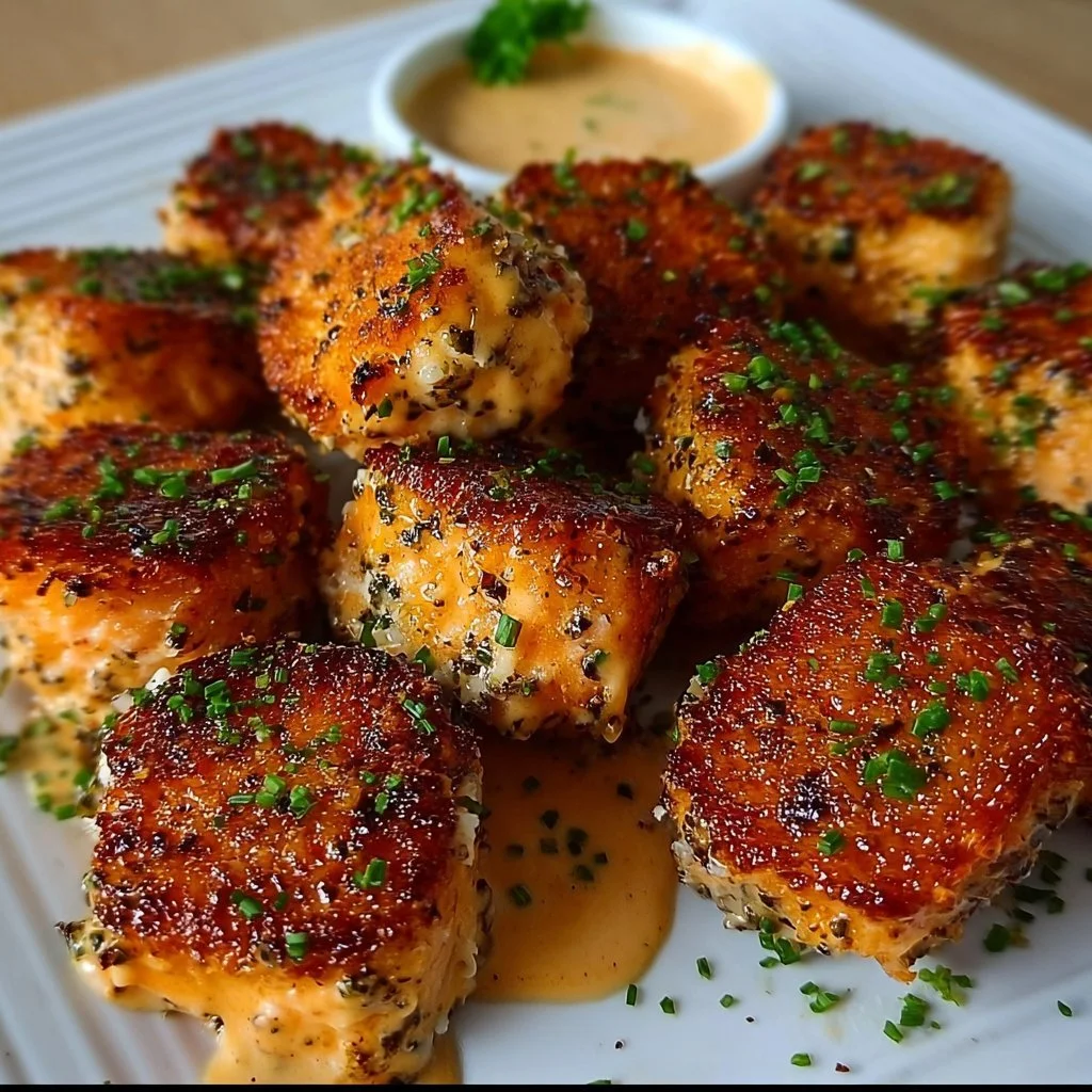 Crispy Bang Bang Salmon Bites garnished and ready to enjoy.