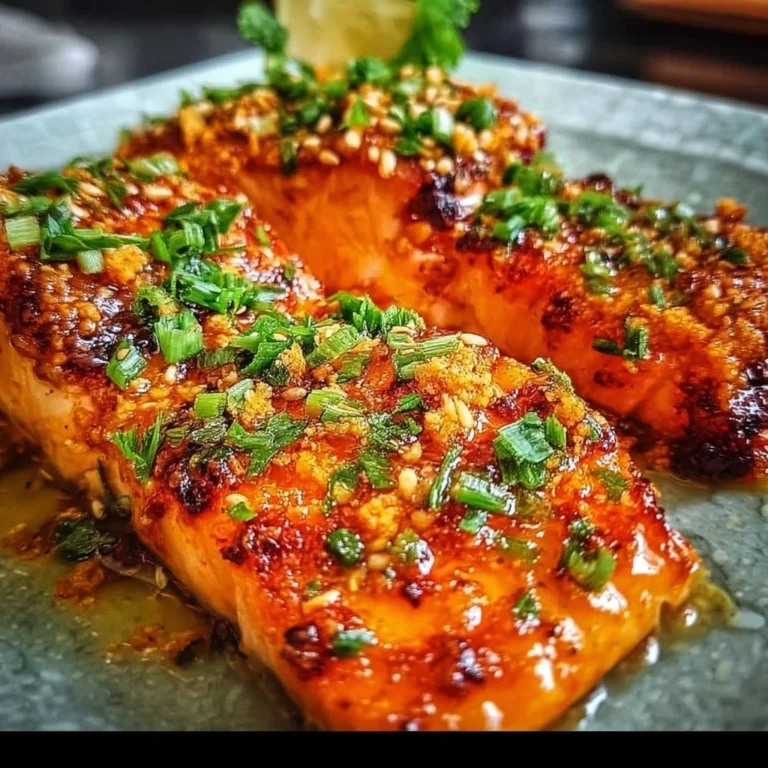Plate of Bang Bang Salmon garnished with herbs and sauce
