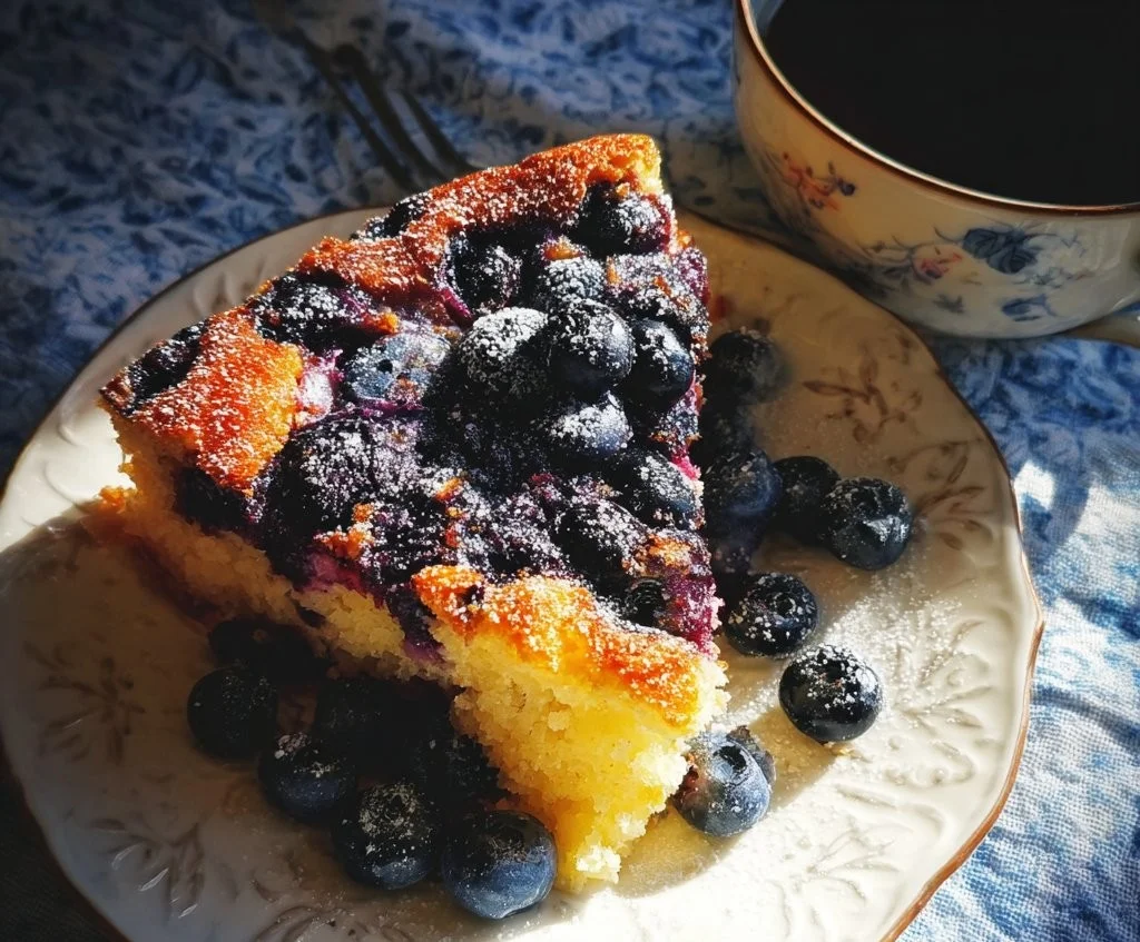 A delicious slice of blueberry breakfast cake topped with fresh blueberries