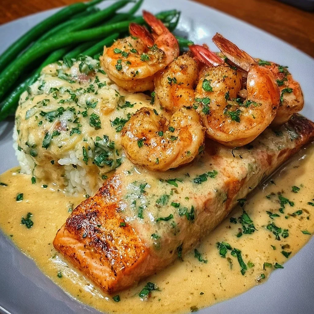 Cajun shrimp and salmon served in garlic cream sauce