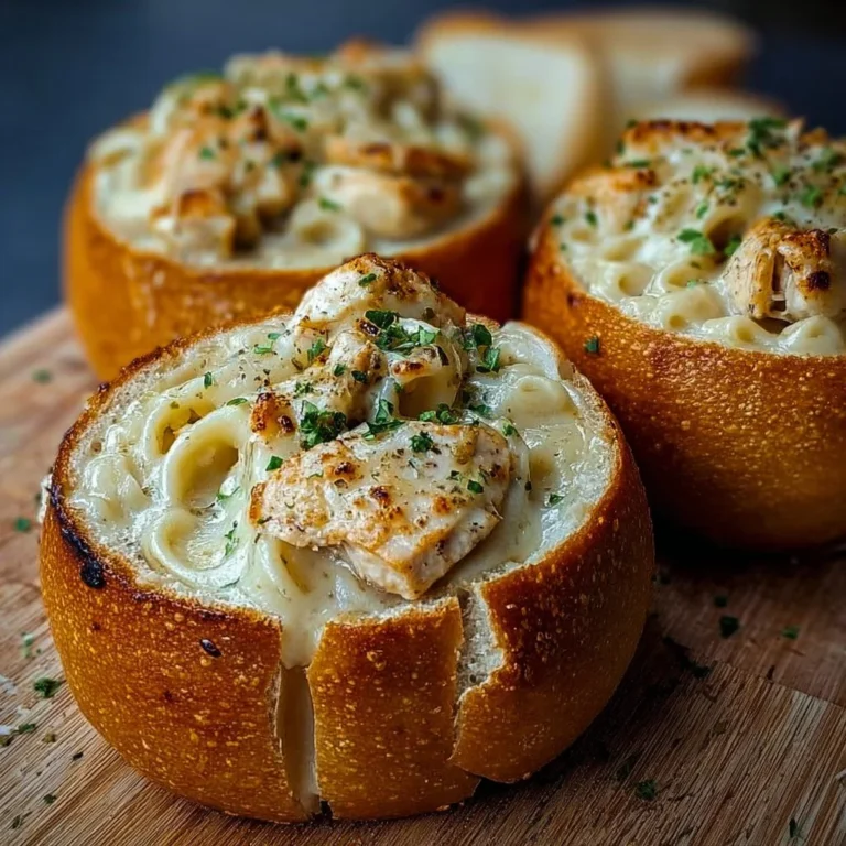 Delicious Chicken Alfredo served in garlic bread bowls for a unique dining experience.