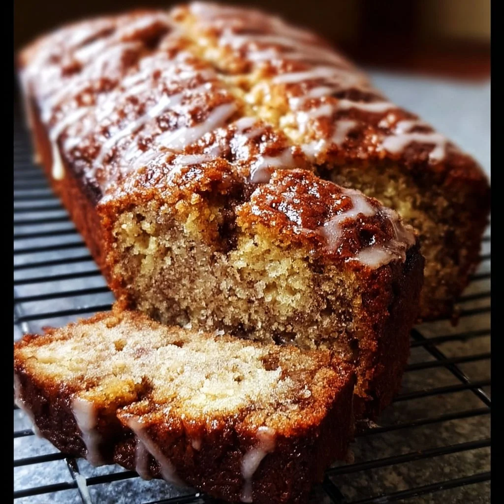 Cinnamon swirl banana bread loaf fresh from the oven with a moist texture