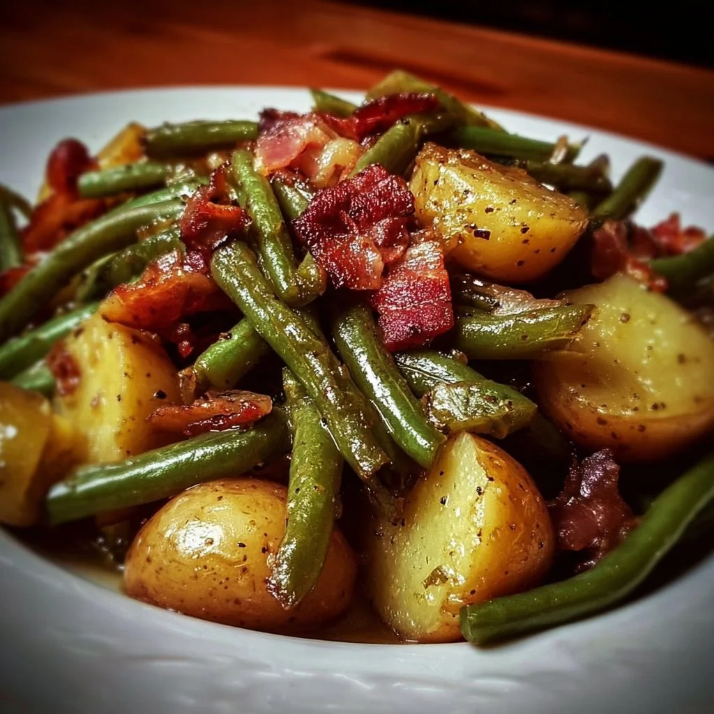 Delicious Country Ranch Green Beans and Potatoes with Bacon served in a bowl