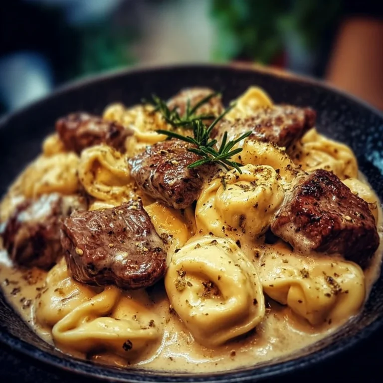 Delicious cracked garlic steak tortellini in creamhouse sauce.