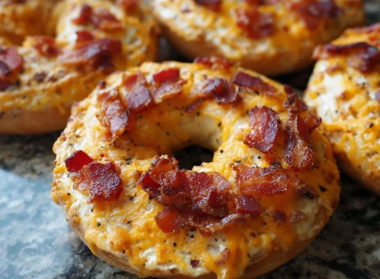 Creamy bacon cheddar bagels with crispy bacon and melted cheddar cheese