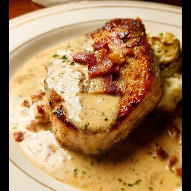 Creamy bacon pork chops served on a plate with herbs