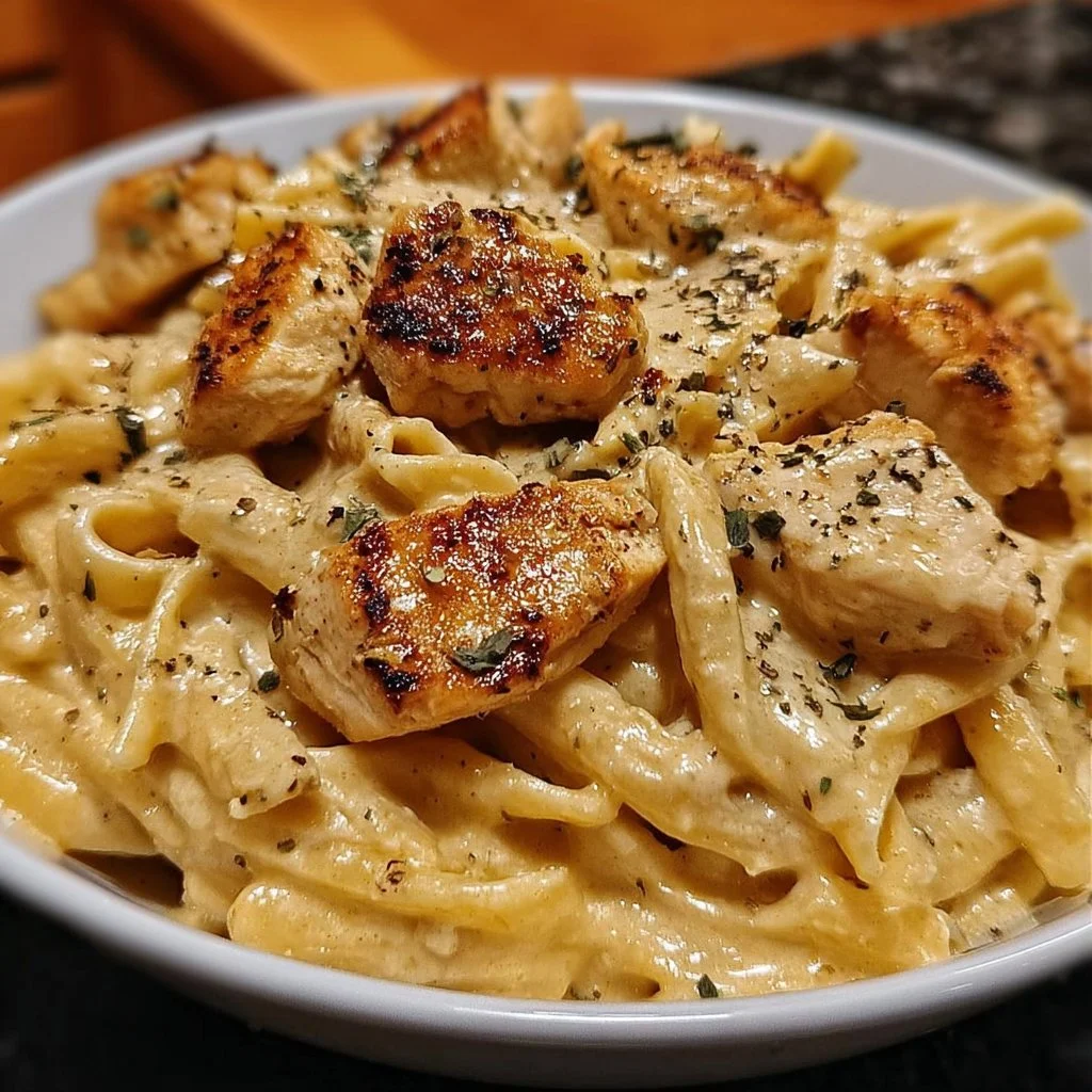 Creamy Cajun chicken pasta served in a bowl with fresh herbs