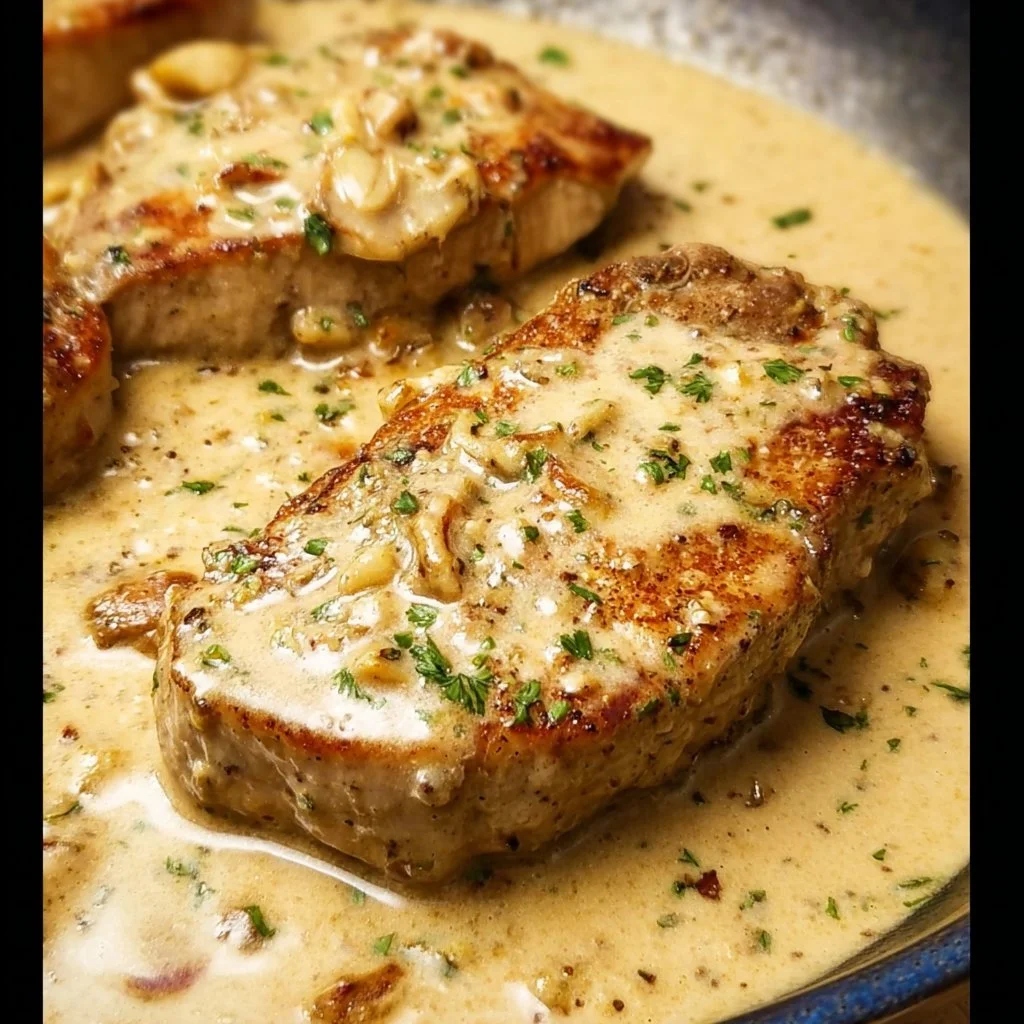 Creamy garlic pork chops served with herbs and spices on a plate