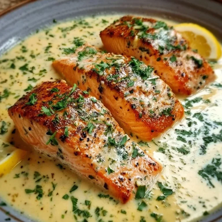 Delicious creamy garlic salmon served with fresh herbs and lemon.