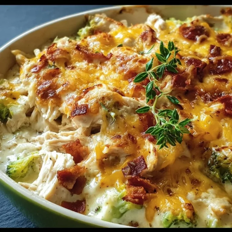 Creamy low carb chicken casserole in a baking dish garnished with herbs