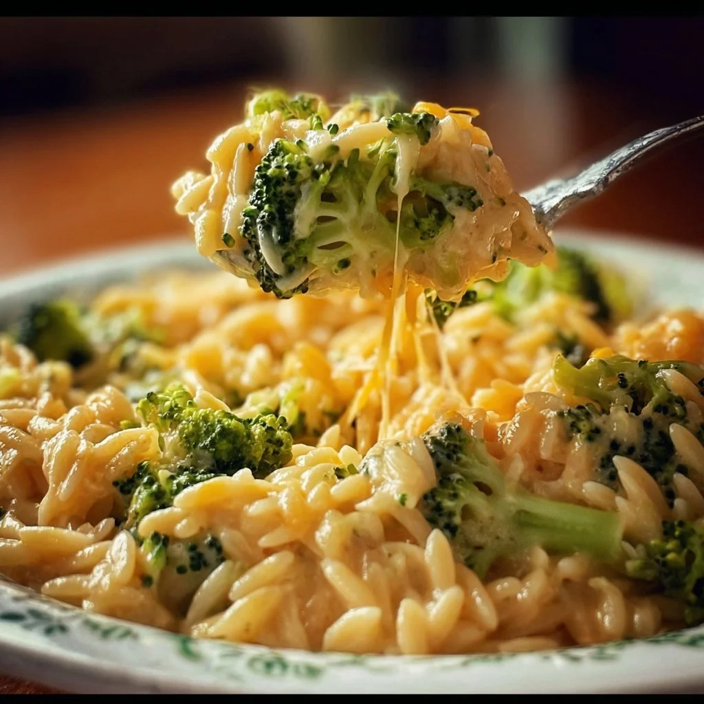 Creamy broccoli cheddar orzo in a bowl, garnished and appetizing.