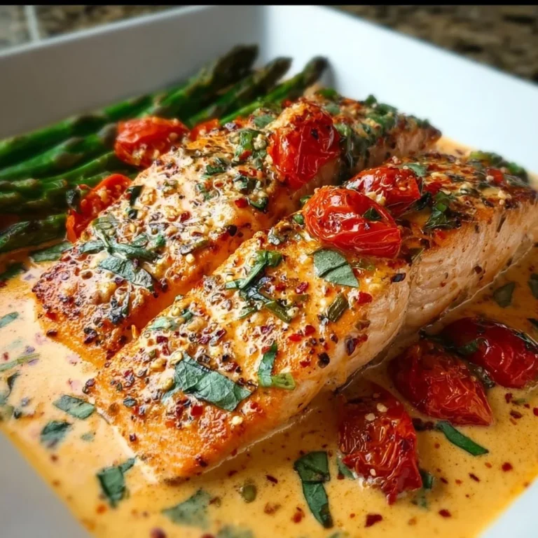 Creamy roasted red pepper salmon served on a plate with garnishes