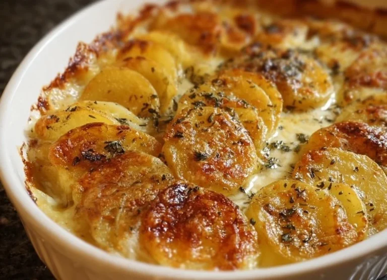 Delicious creamy scalloped potatoes served in a baking dish