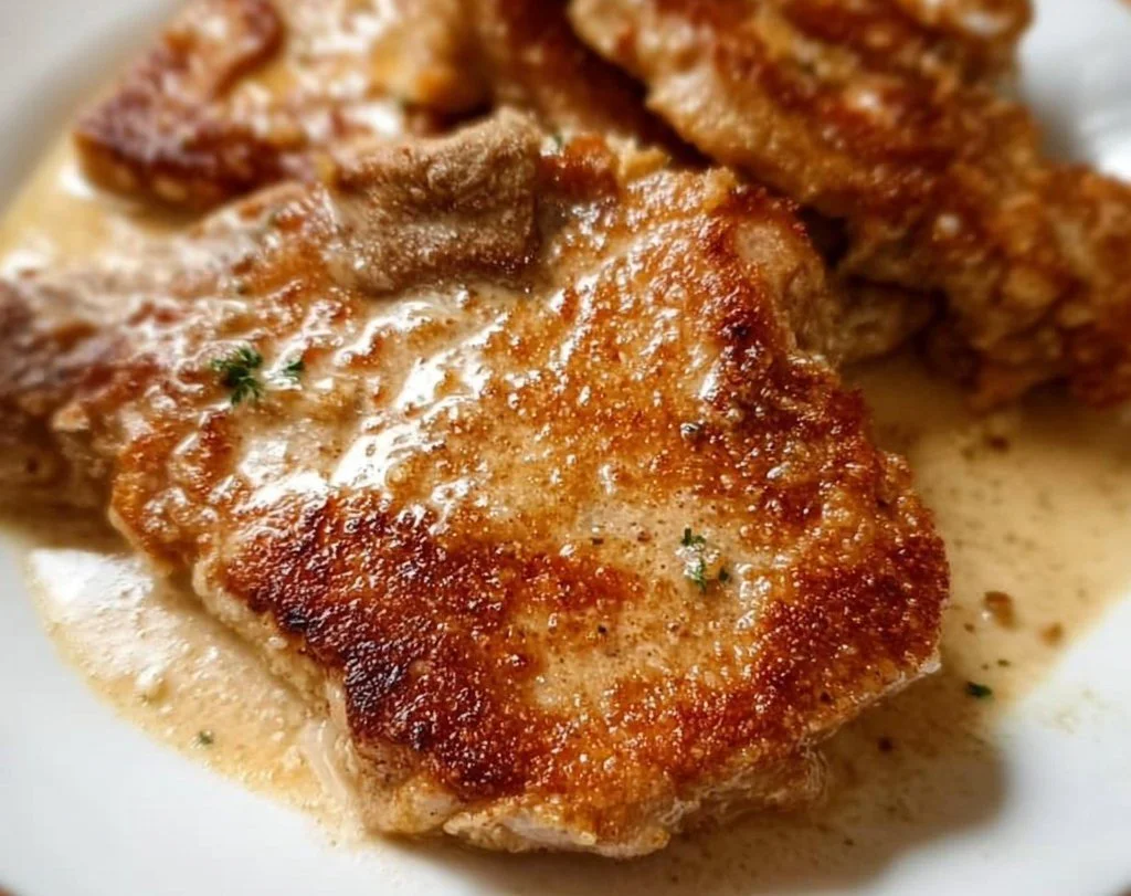 Creamy smothered pork chops served with a side of vegetables for a delicious meal