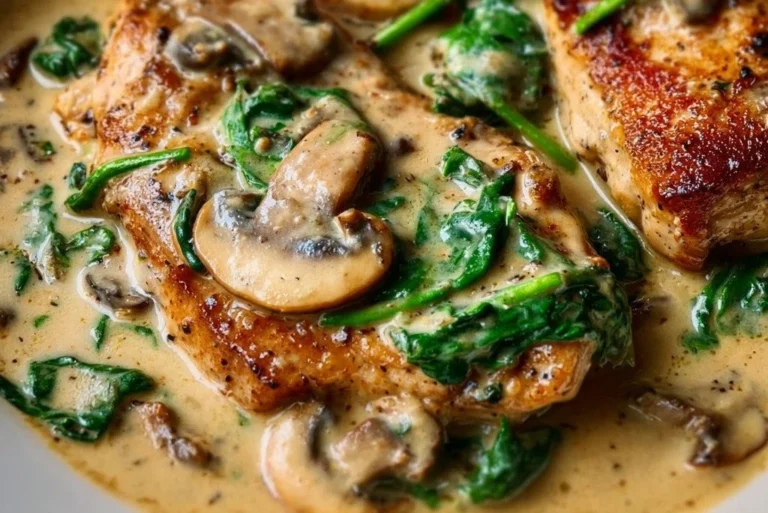 Creamy spinach mushroom pork chops served on a plate garnished with herbs