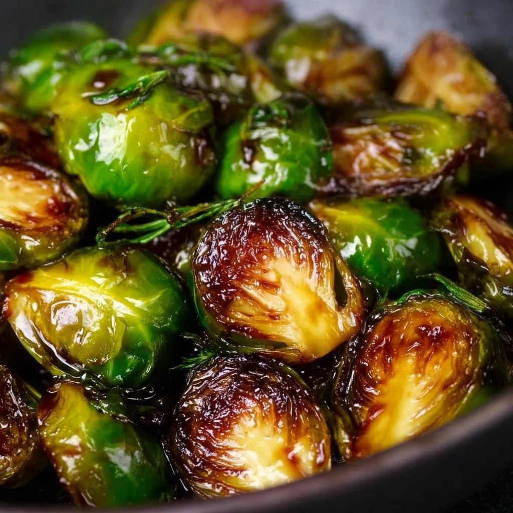 Crispy Honey Balsamic Brussels Sprouts garnished and ready to serve