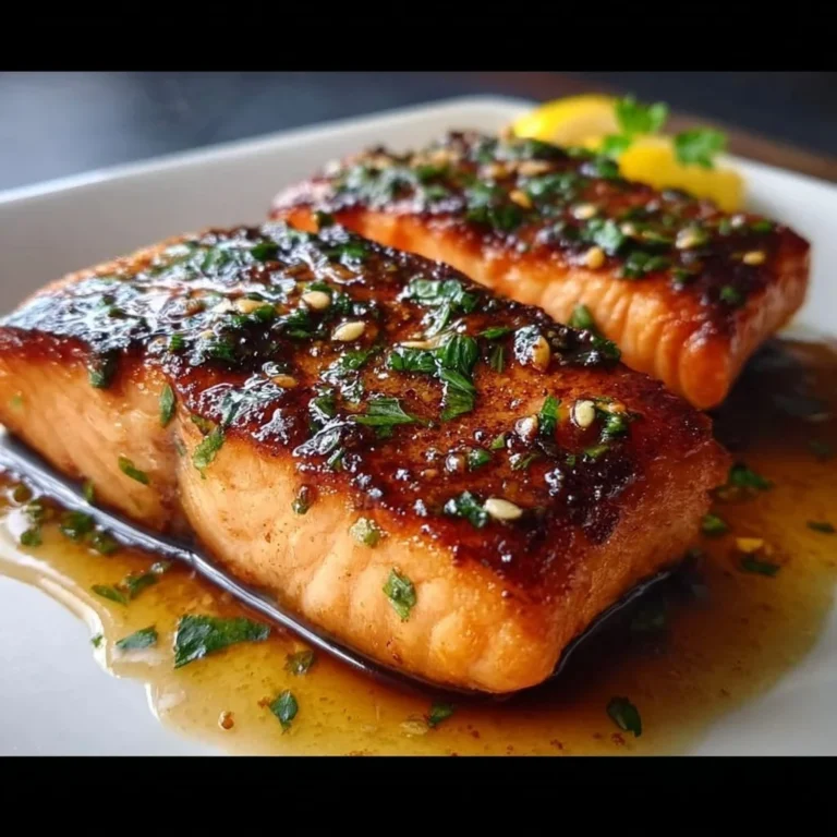 Crispy honey garlic glazed salmon garnished with green onions on a plate
