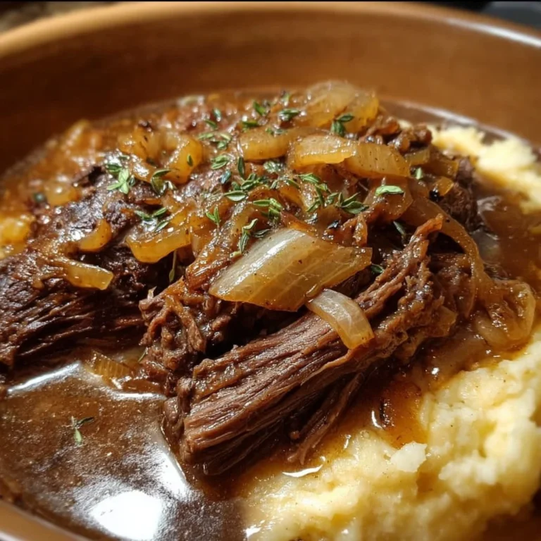 Delicious Crock Pot French Onion Pot Roast served with caramelized onions and herbs