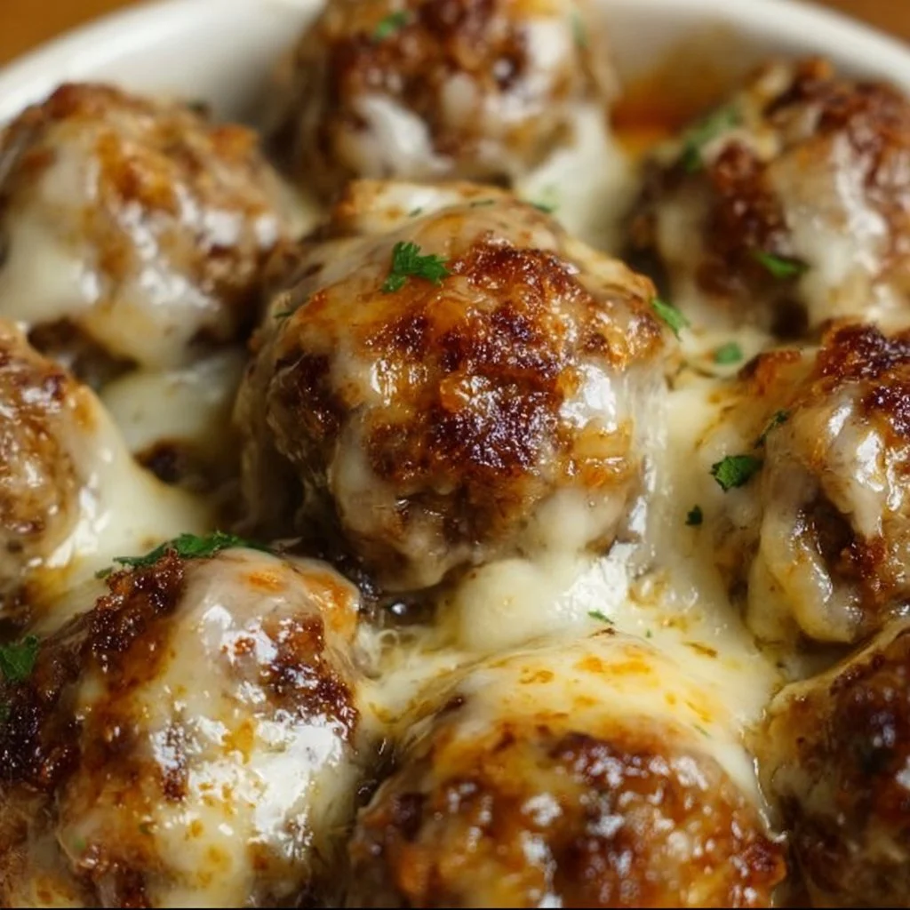 Crockpot French Onion Meatballs served on a plate with melted cheese
