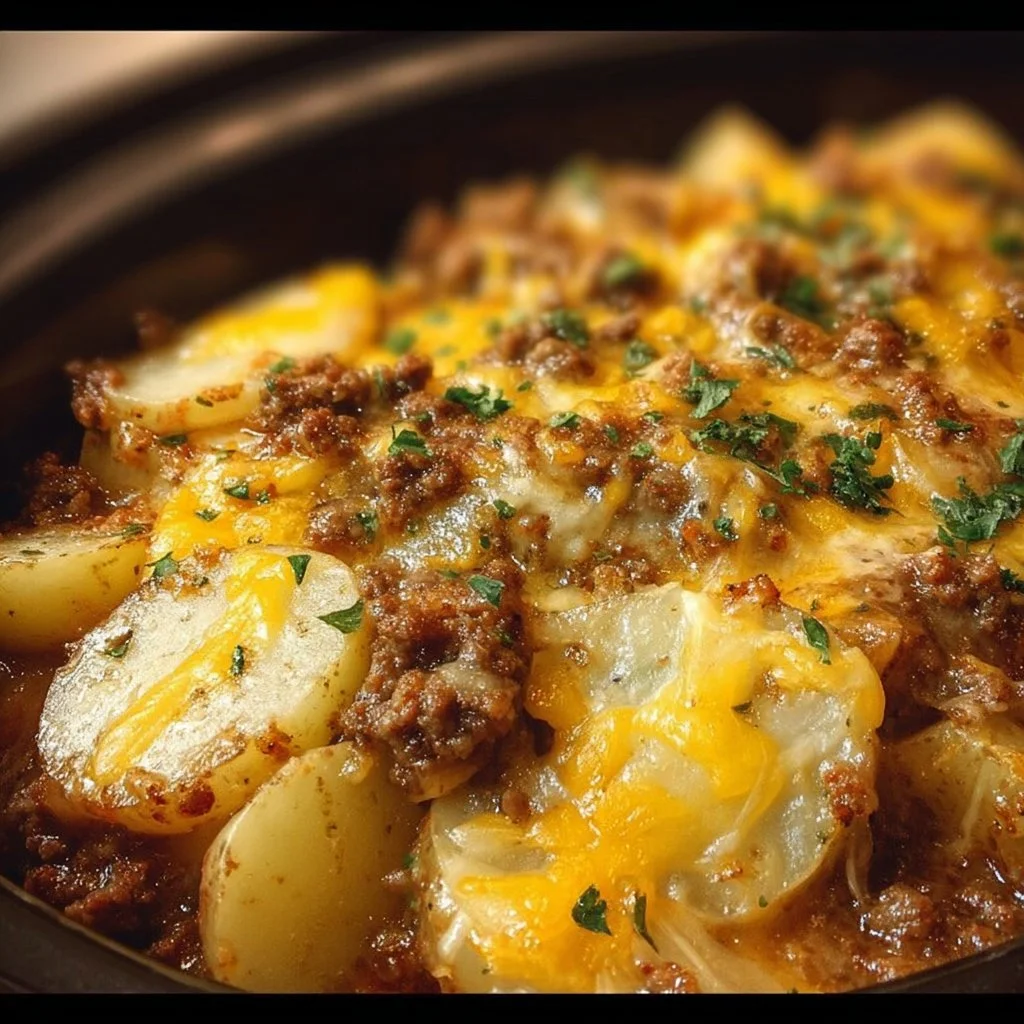 Crockpot Hamburger Potato Casserole with layered potatoes and ground beef