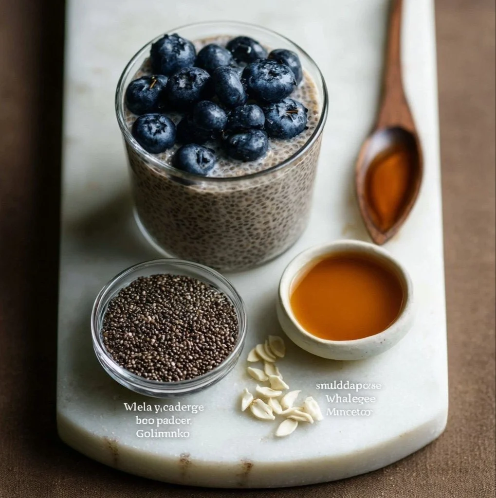 Healthy chia pudding topped with berries and nuts in a glass bowl