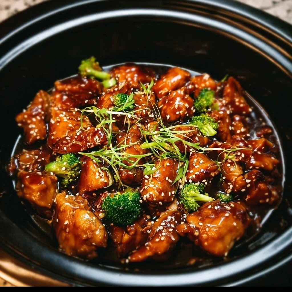 Tender Crockpot Teriyaki Chicken served over rice with garnish