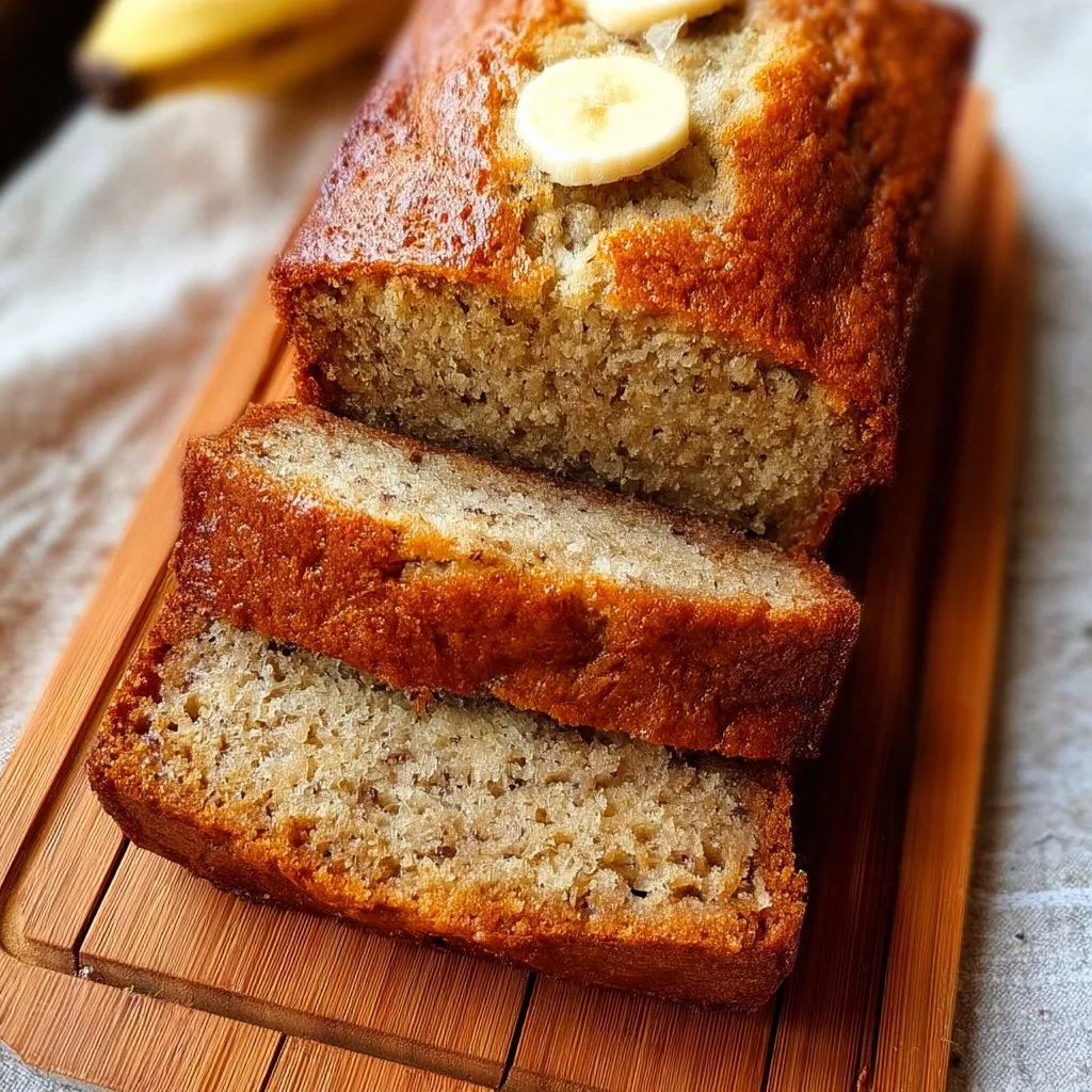 Sliced easy moist banana bread with bananas on a wooden cutting board.