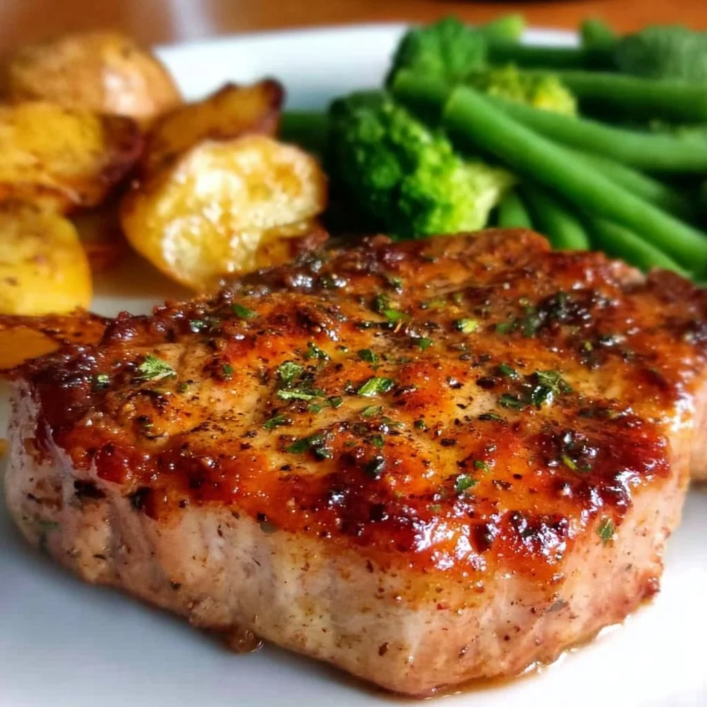 Oven baked pork chops plated with herbs and sides, showcasing juicy texture.