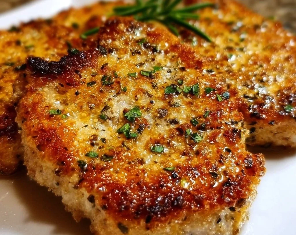 Deliciously baked Parmesan Crusted Pork Chops on a plate with herbs