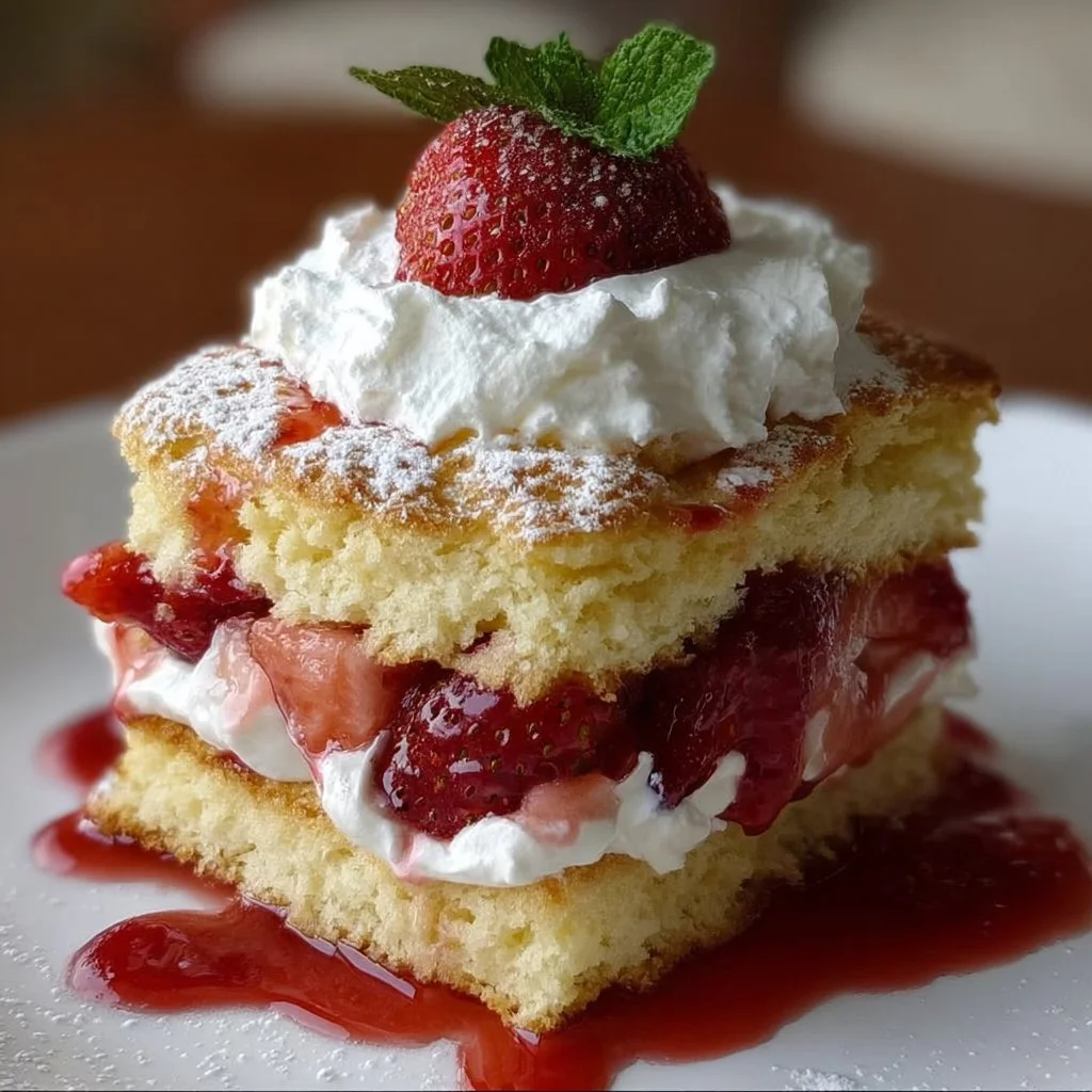 Fluffy Italian Strawberry Shortcake topped with fresh strawberries and whipped cream.