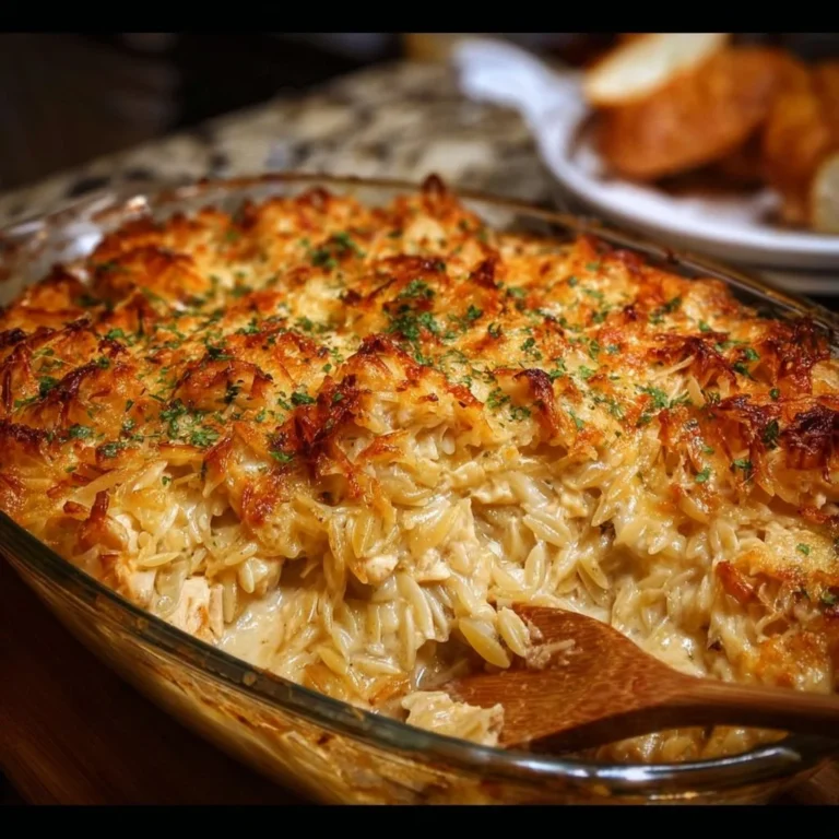 French Onion Chicken Orzo Casserole topped with melted cheese and caramelized onions.