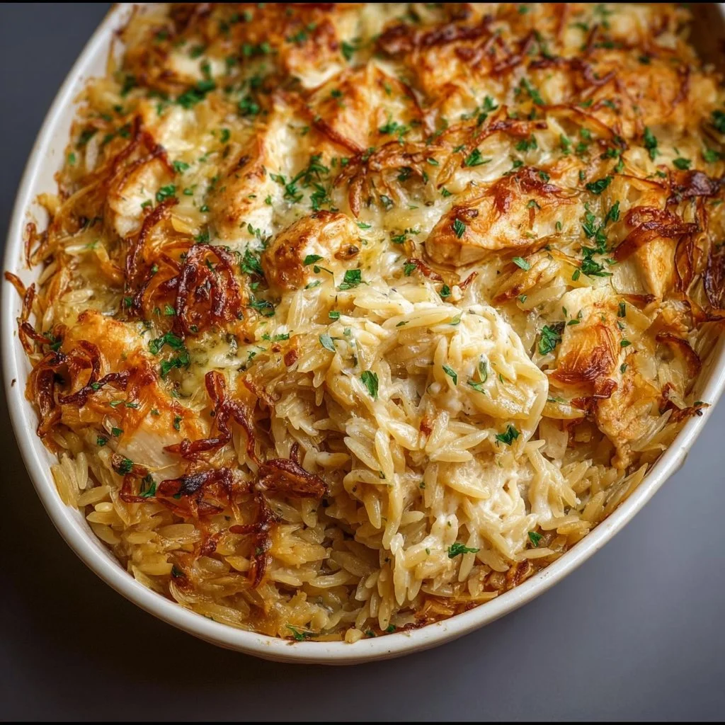French Onion Chicken Orzo Casserole baked dish with melted cheese and herbs