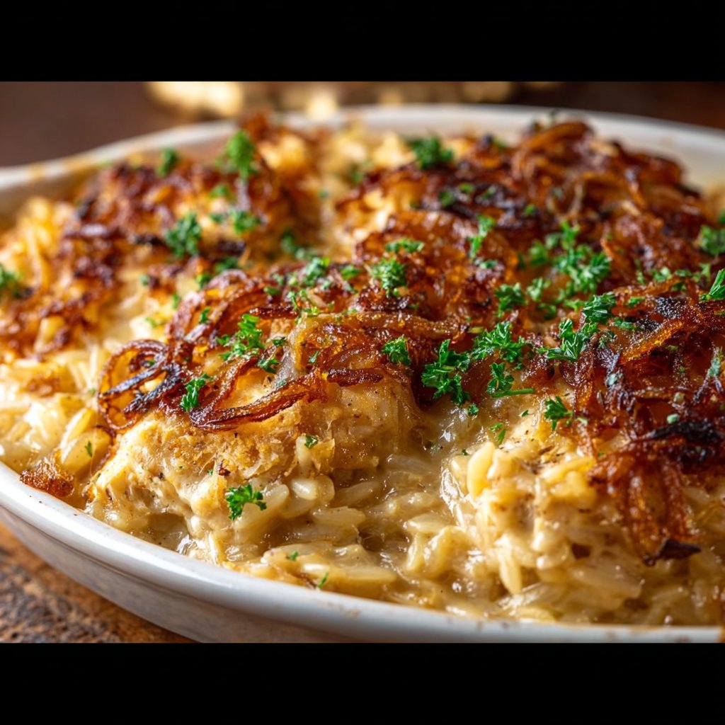 French Onion Chicken Orzo Casserole