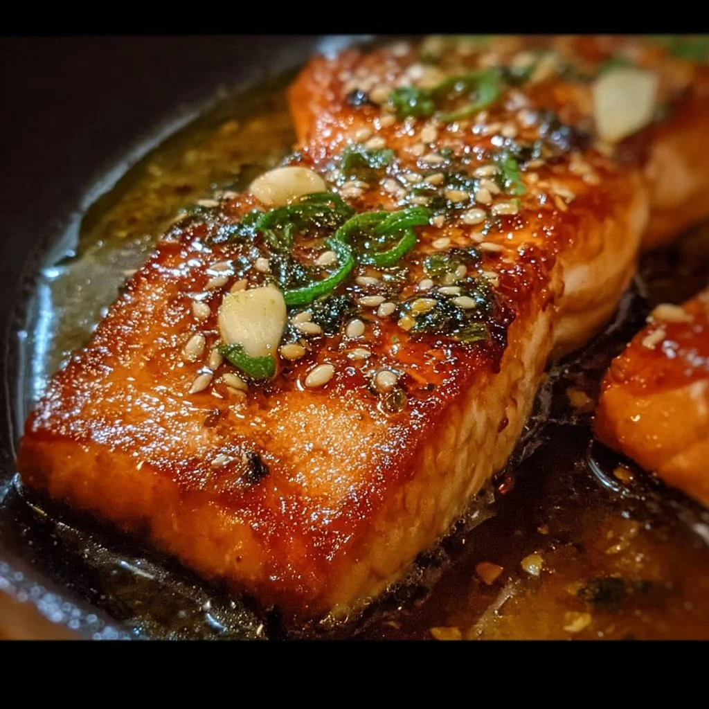 Garlic Butter Salmon fillets garnished with herbs and lemon
