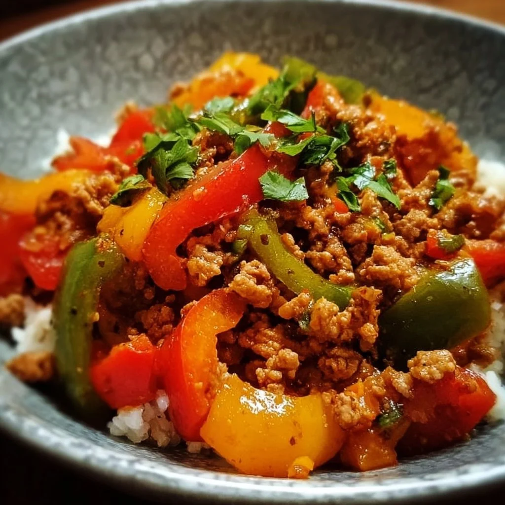 Ground turkey and peppers dish served in a bowl on a wooden table.