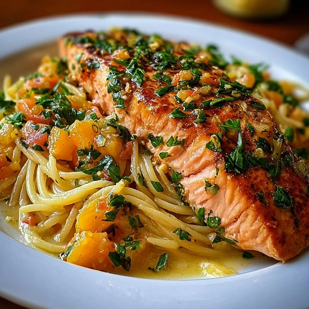 Healthier smoked salmon linguine dish garnished with herbs served in a bowl