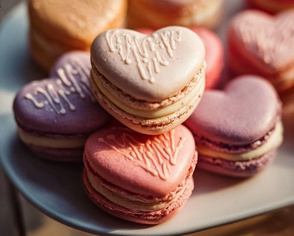Delicious heart-shaped macarons in various colors and flavors