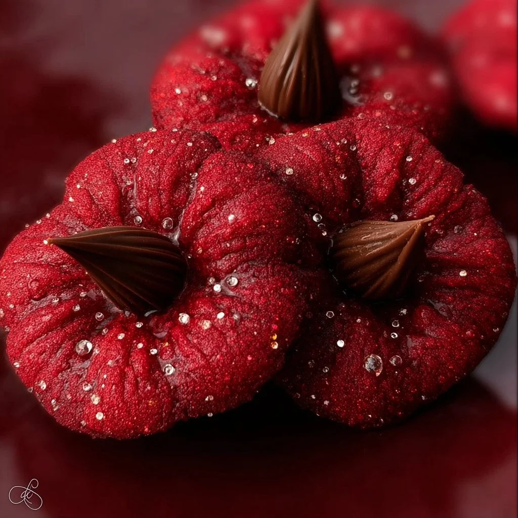 Delicious Hershey's Red Velvet Blossoms cookies topped with chocolate kisses.