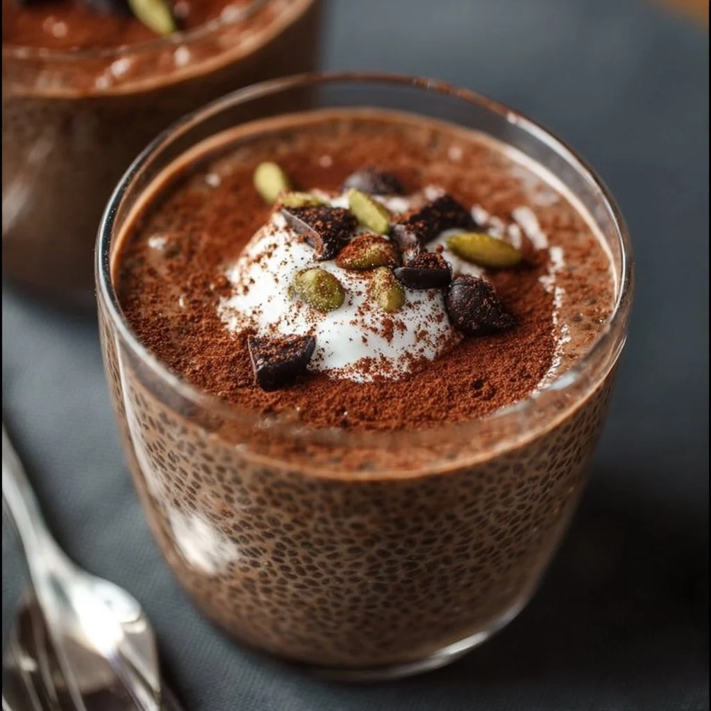 High protein chocolate chia pudding in a dessert bowl garnished with fruit