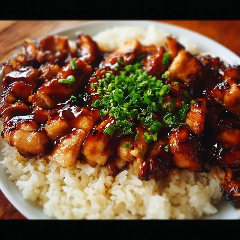 Delicious Honey BBQ Chicken served over fluffy rice with garnishes.