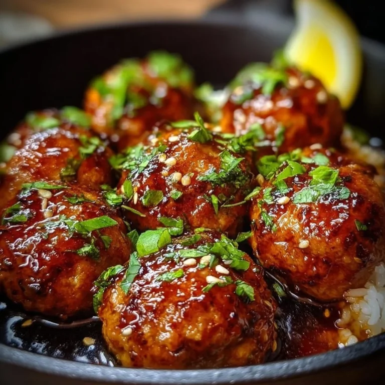 Delicious honey garlic turkey meatballs served with sauce and garnished.