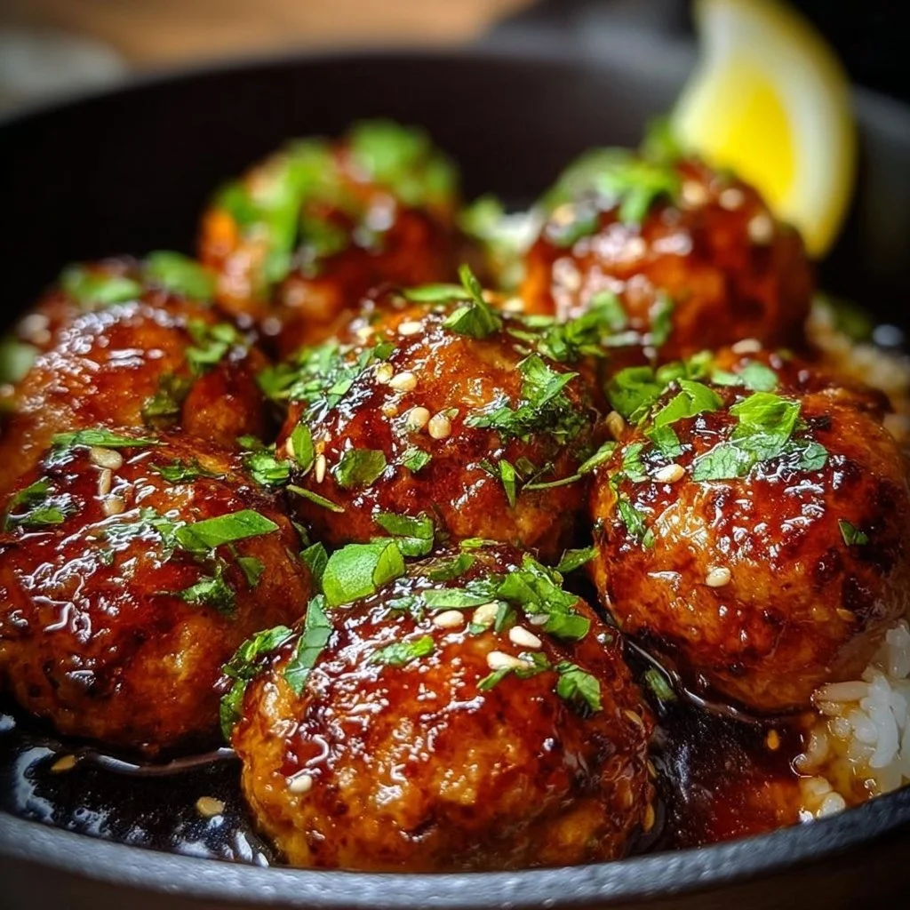 Delicious honey garlic turkey meatballs served with sauce and garnished.