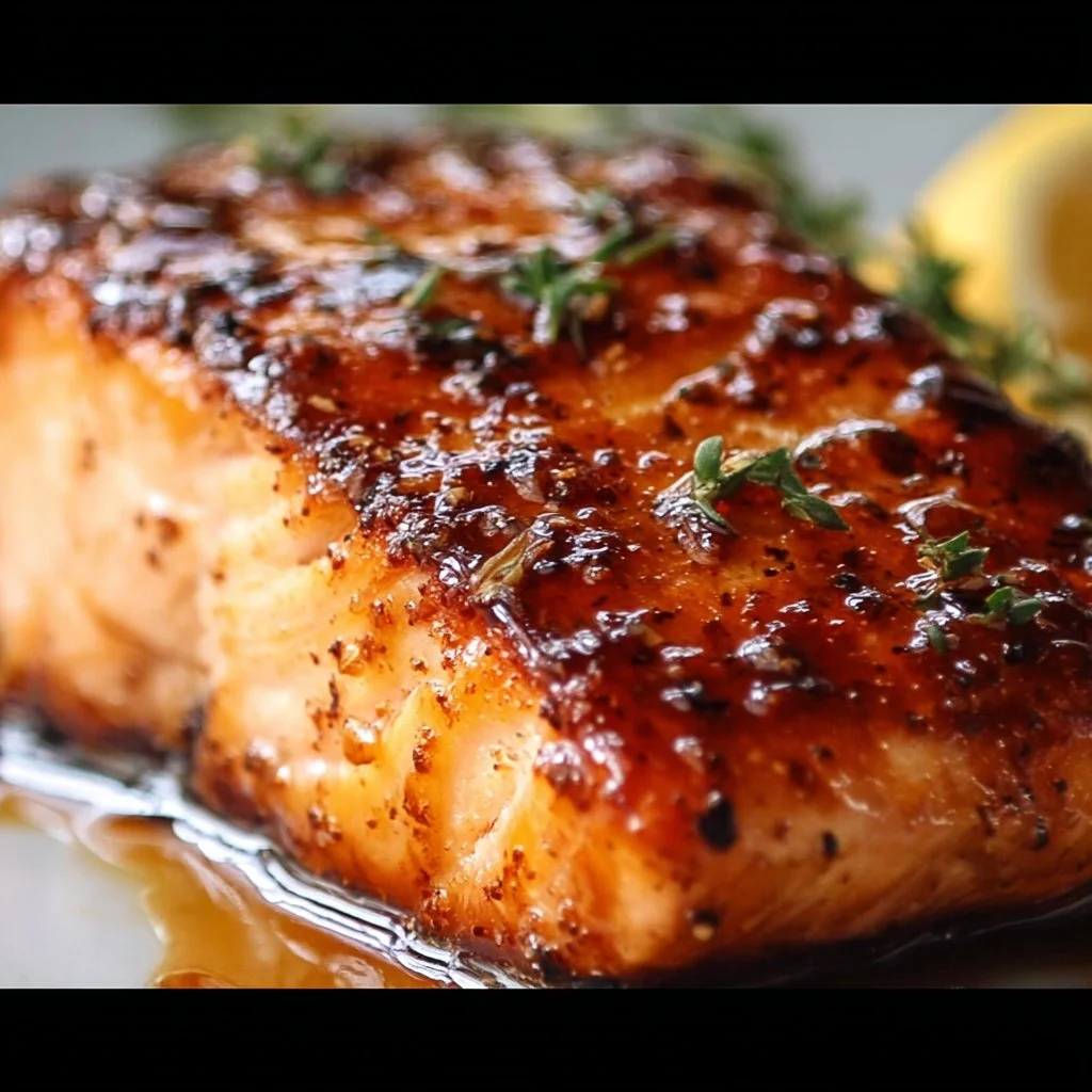 Delicious honey-glazed salmon fillet garnished with fresh herbs