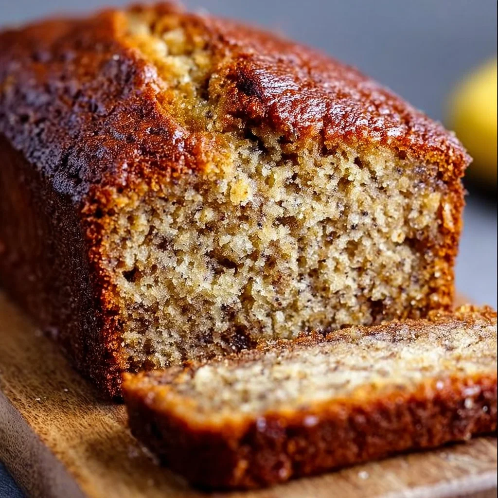 Moist easy banana bread baked and sliced, ready to enjoy.
